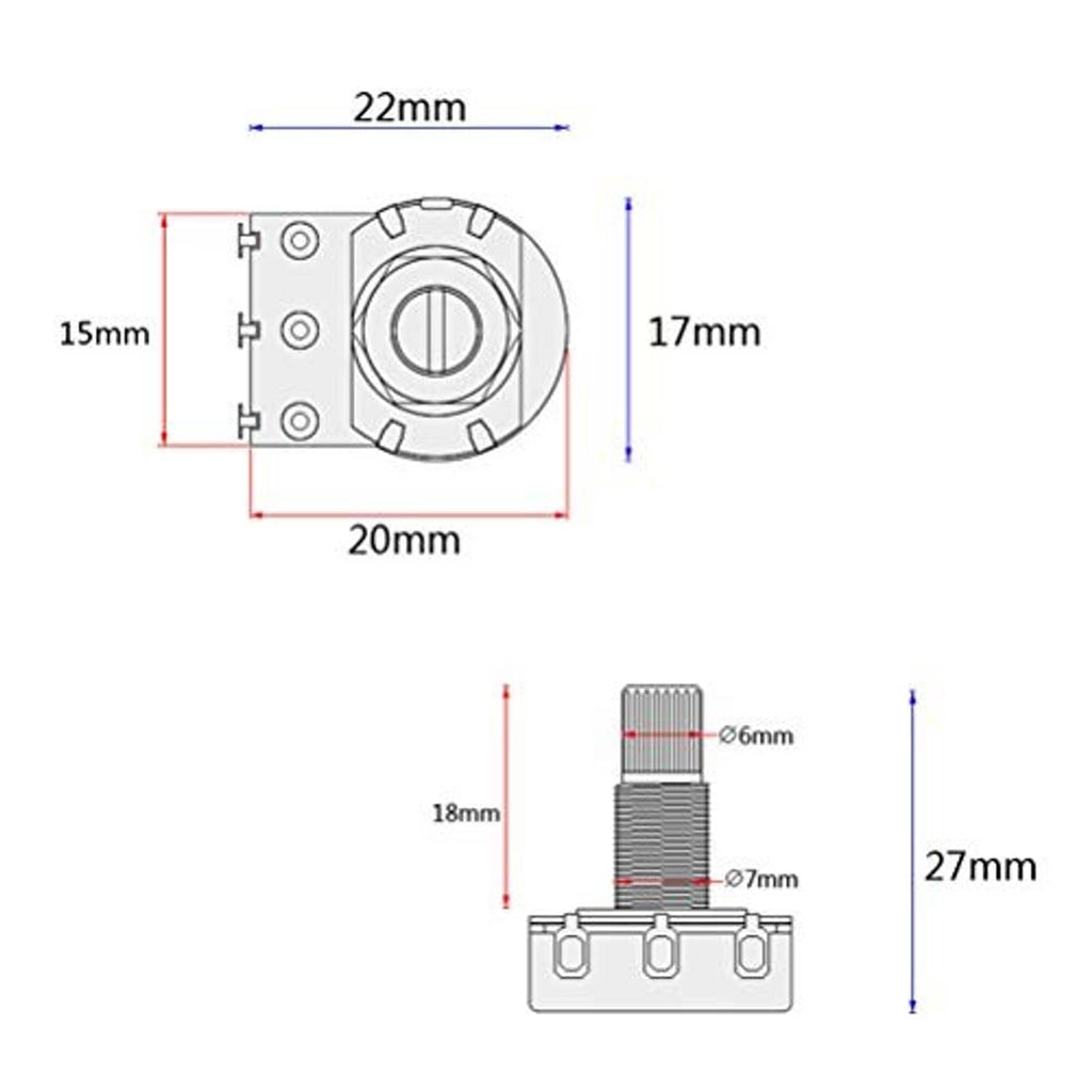 Potentiometer dimensions diagram with front and side size measurements (mm)