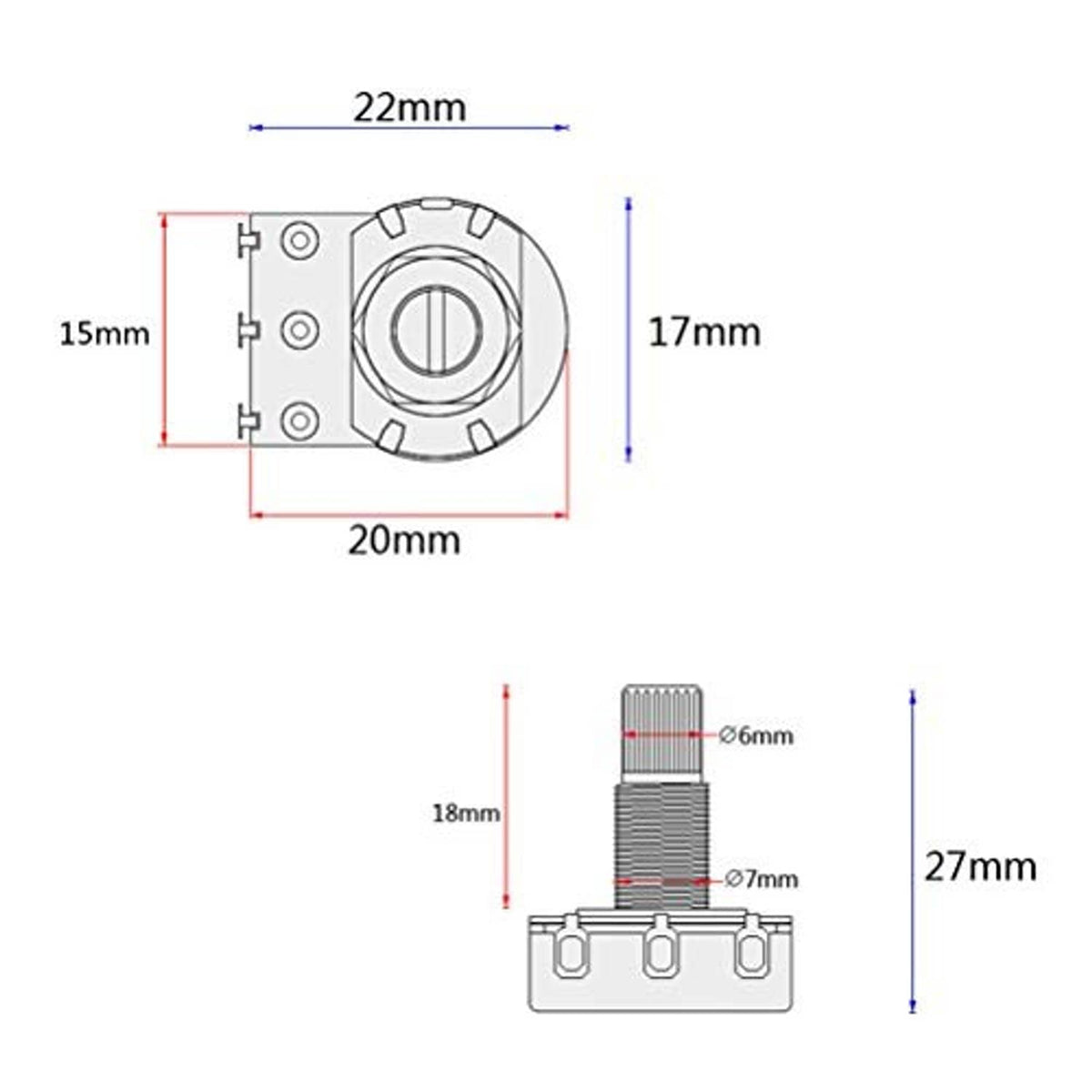 Potentiometer dimensions diagram with front and side size measurements (mm)