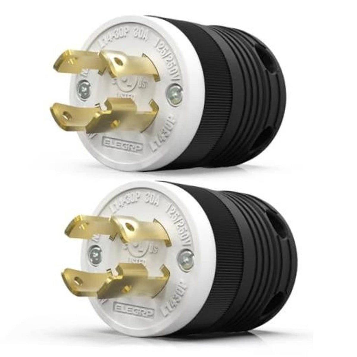 30A NEMA L14-30P twist-lock male plug with gold prongs, white face, black housing