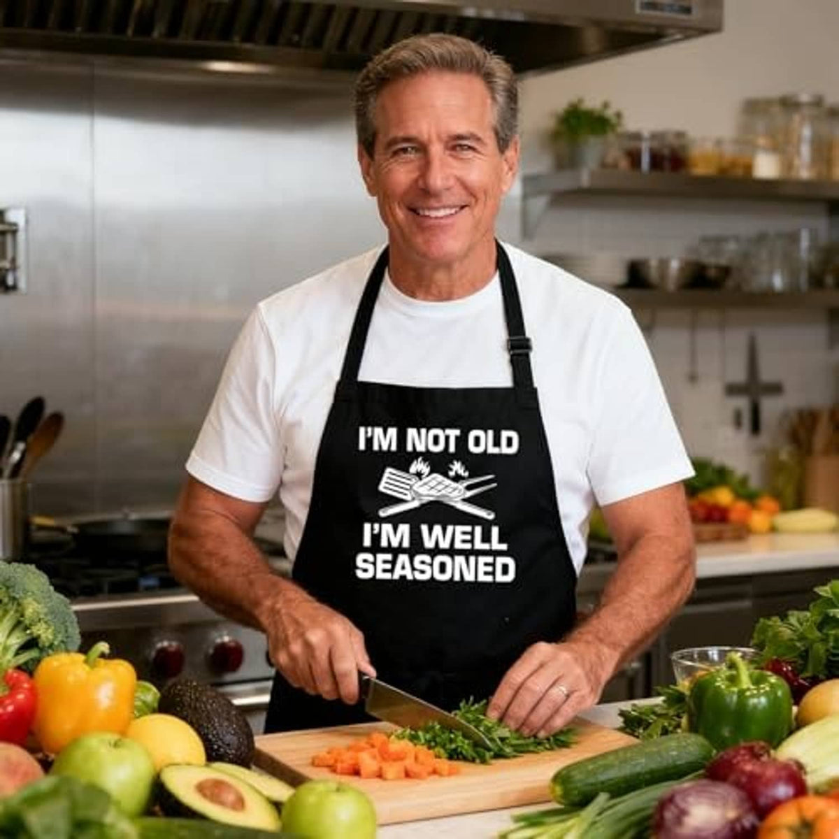 Black grilling apron on a chef with “I’M NOT OLD, I’M WELL SEASONED” front print