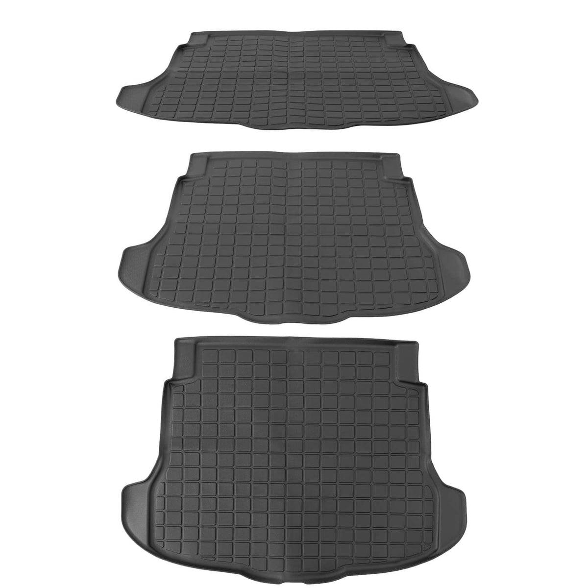 All-weather cargo liner and floor mats set, dark gray molded pattern, three-piece view