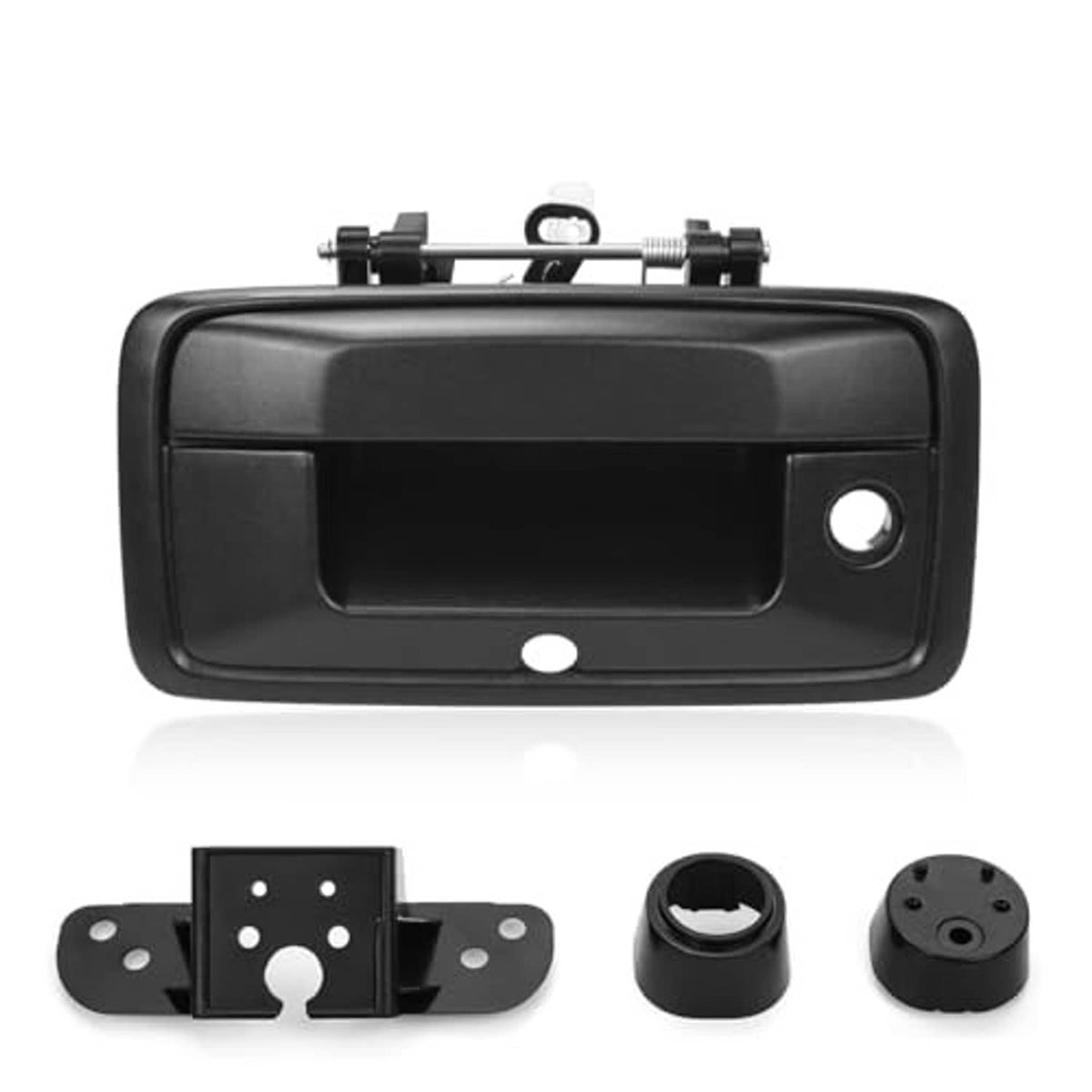 Black tailgate exterior handle with keyhole and camera mounting opening