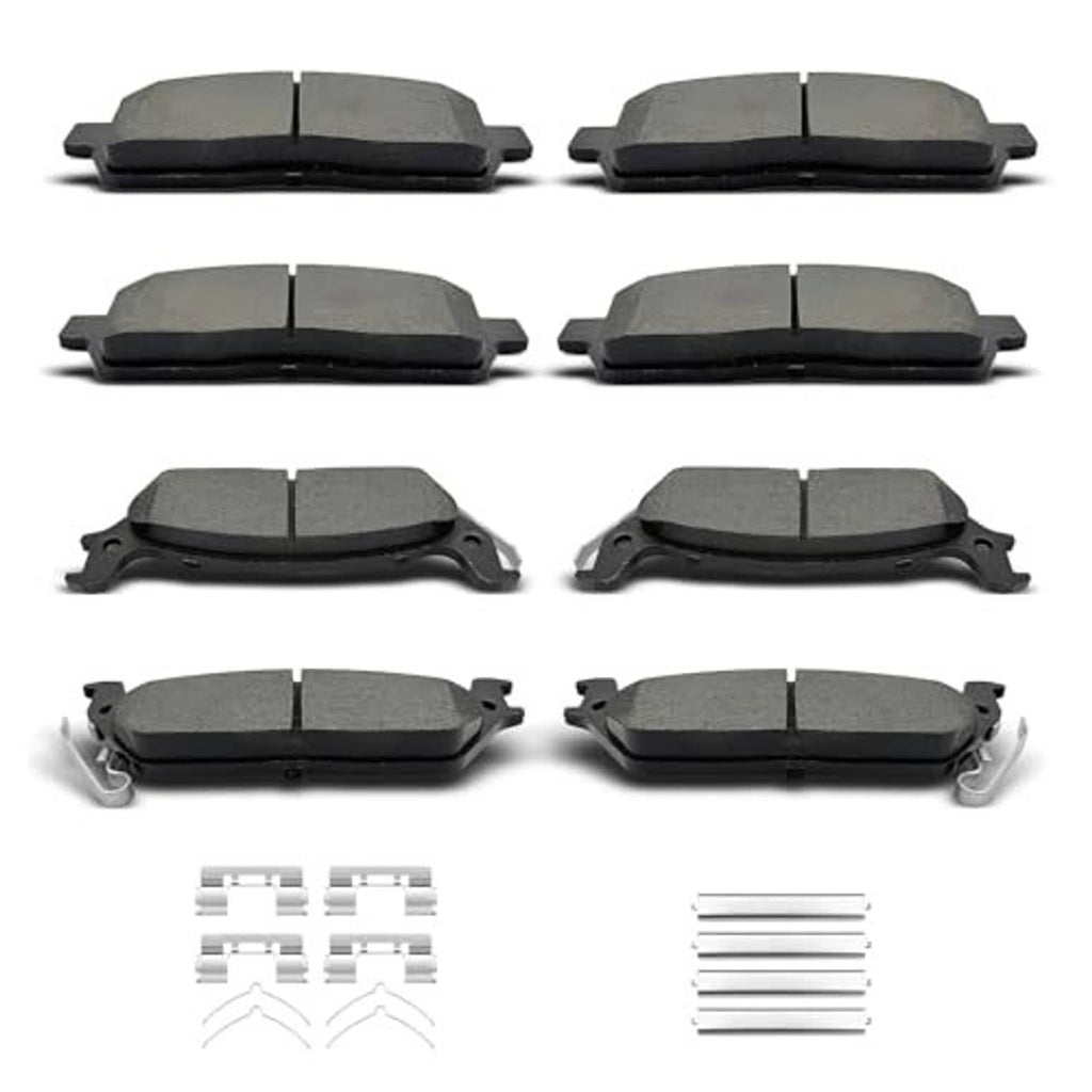 Ceramic brake pad set with clips, multiple gray brake pads shown front and back views