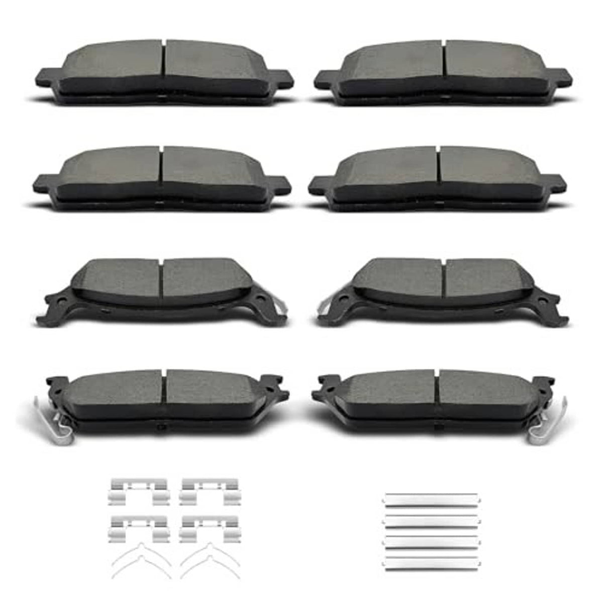 Ceramic brake pad set with clips, multiple gray brake pads shown front and back views
