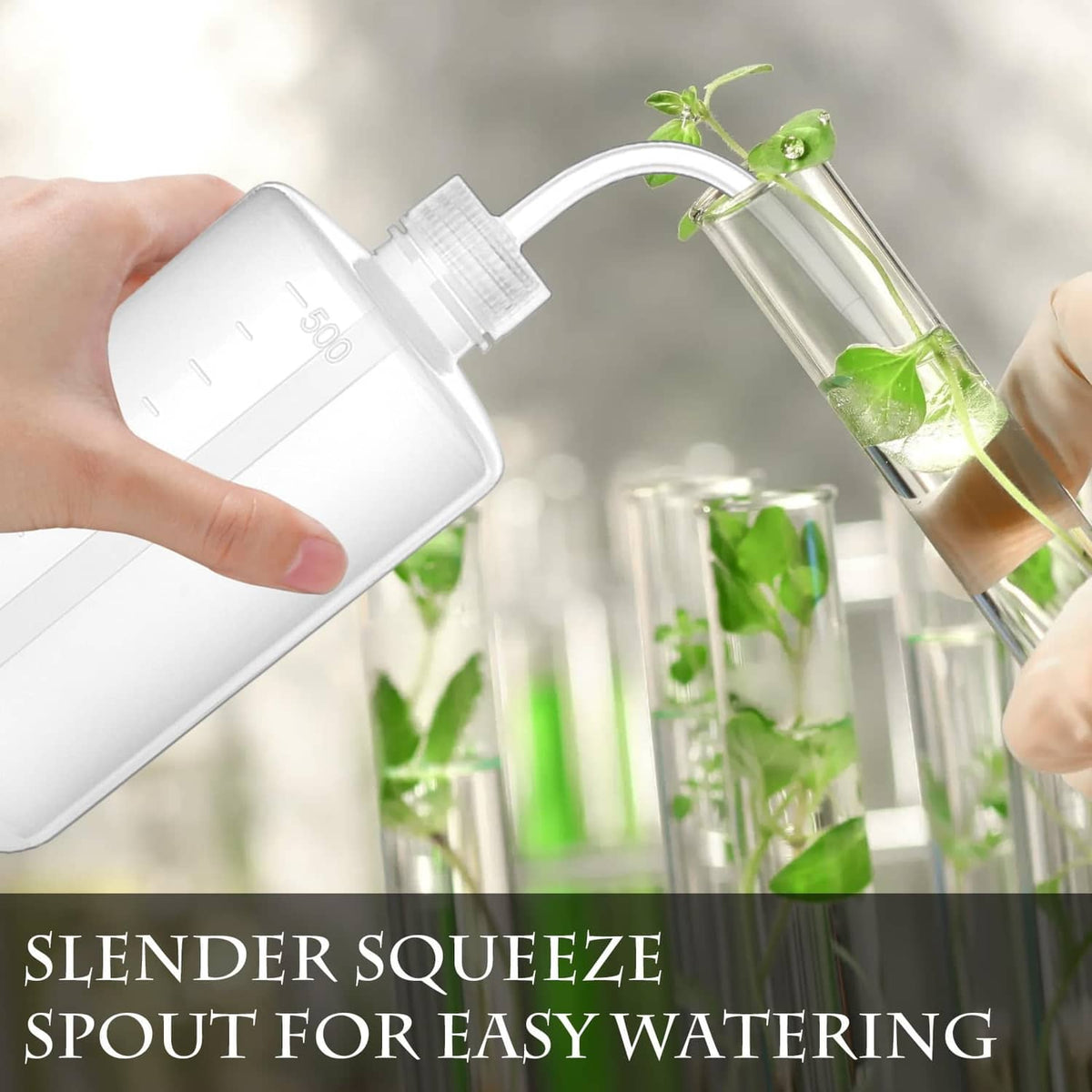 White squeeze bottle with slender spout pouring into a row of test tubes
