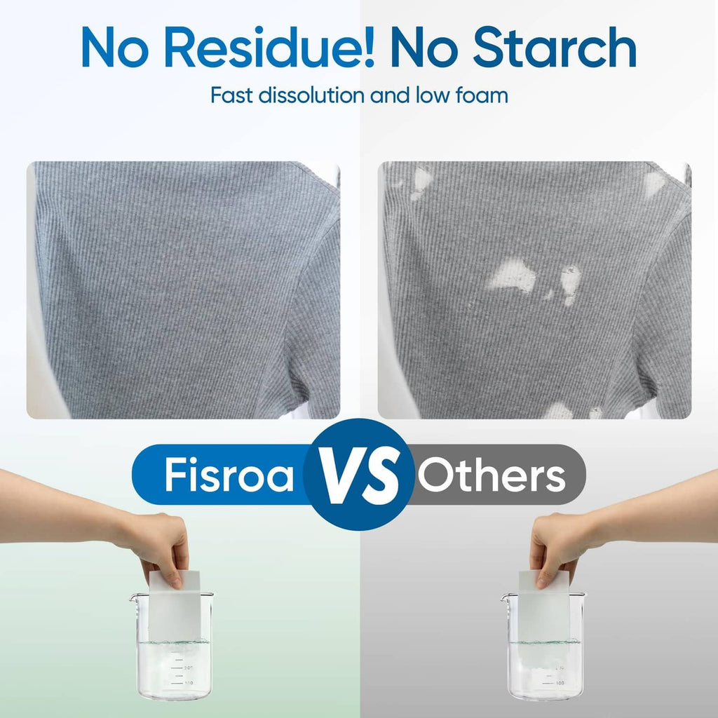 Laundry detergent sheets shown leaving no residue or starch on dark fabric