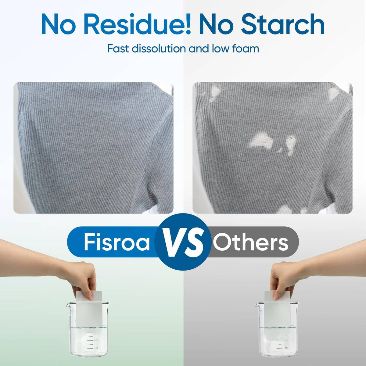 Laundry detergent sheets shown leaving no residue or starch on dark fabric