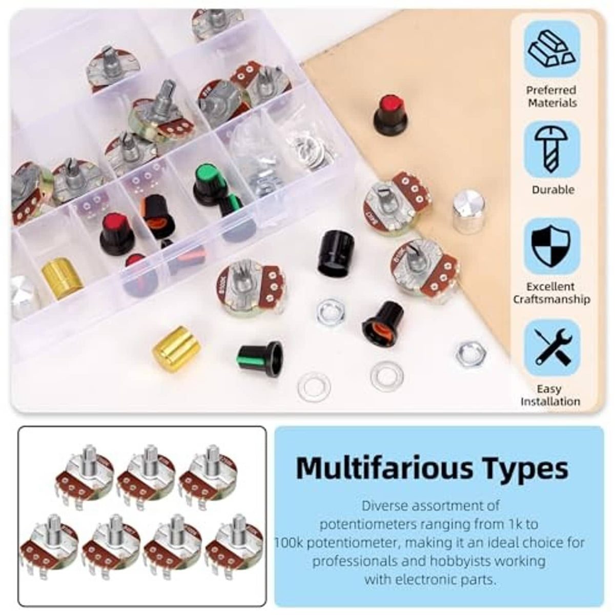 Organized single-turn potentiometer kit with assorted pots and colorful replacement caps in tray