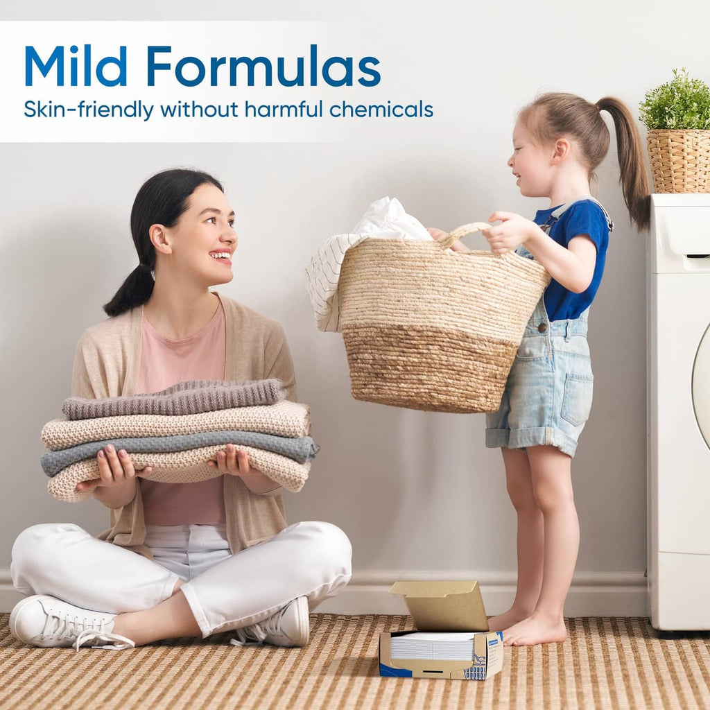 Gentle fragrance-free laundry detergent sheets pack shown with family doing laundry