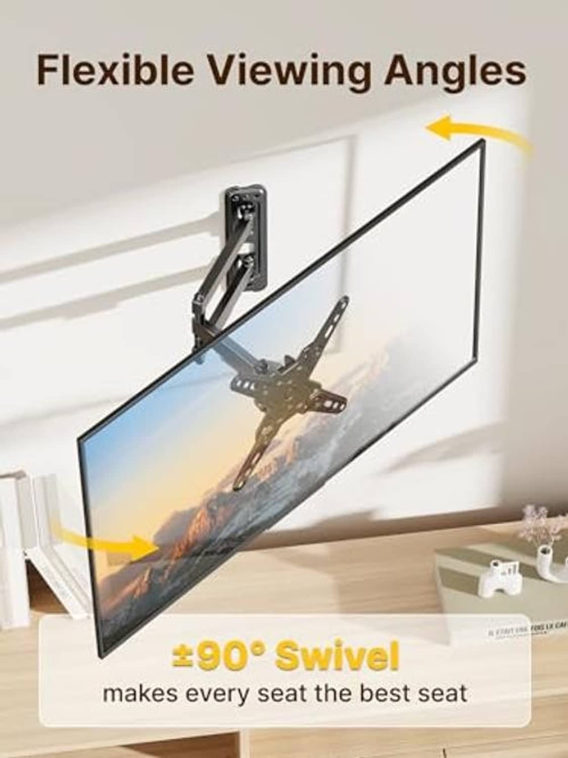 Full motion TV wall mount bracket for flexible viewing angles with swivel arms