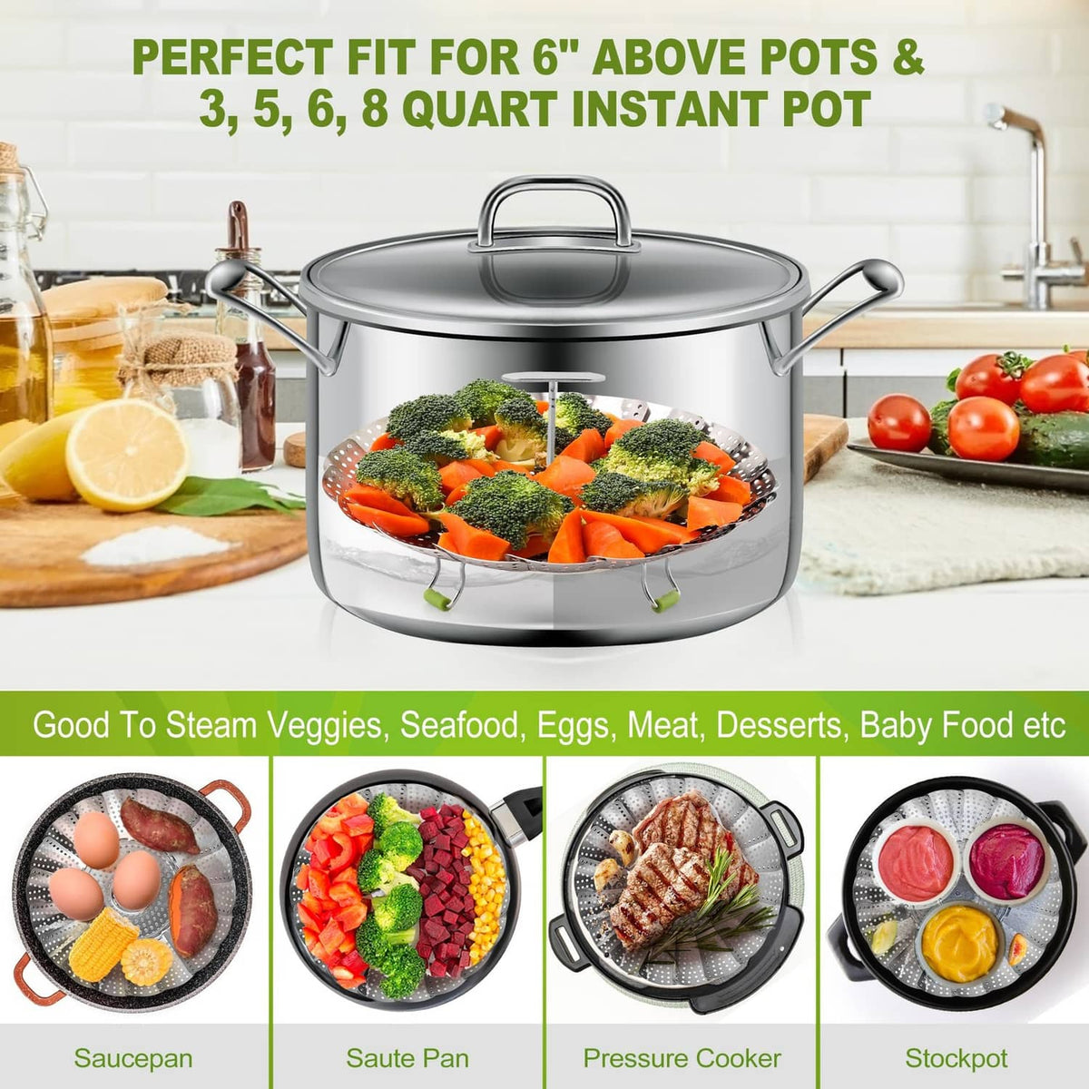 Stainless steel steamer basket insert over pot with vegetables and herbs