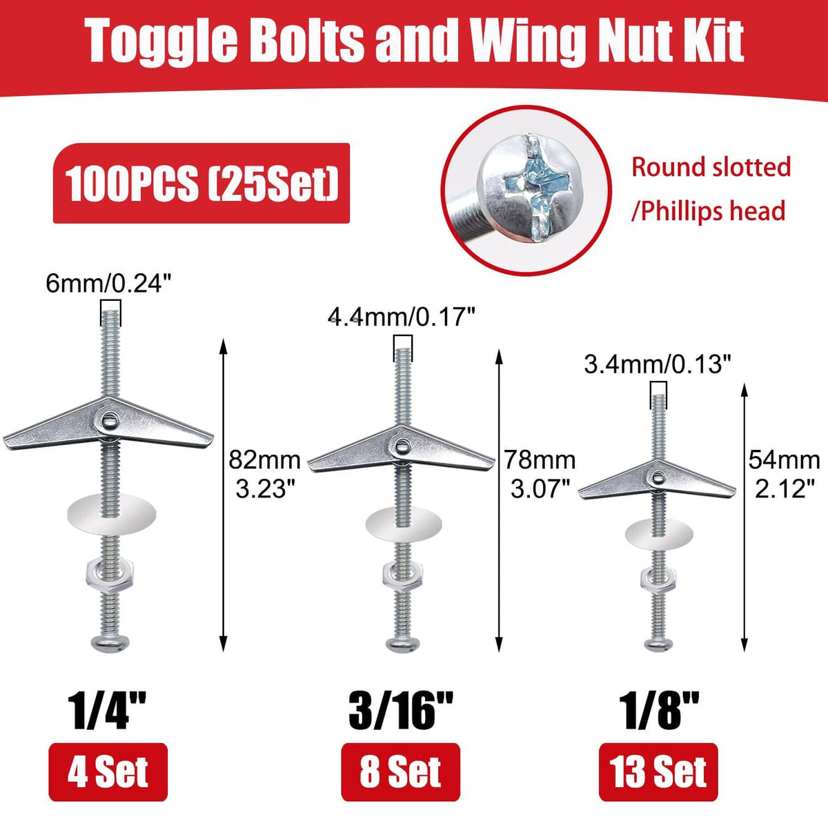 Toggle bolts and wing nut kit diagram showing 1/4, 3/16, and 1/8 sizes with slotted heads