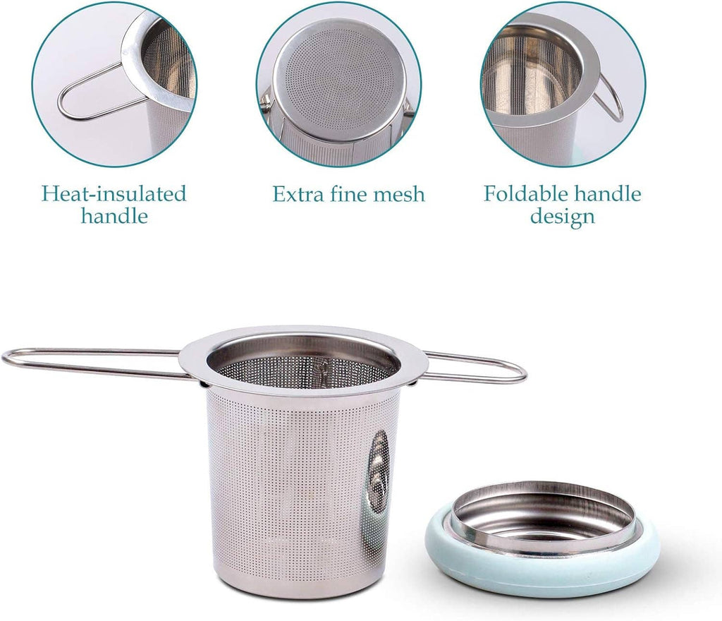 Extra-fine mesh tea strainer with folding handle and stainless basket, light blue rim