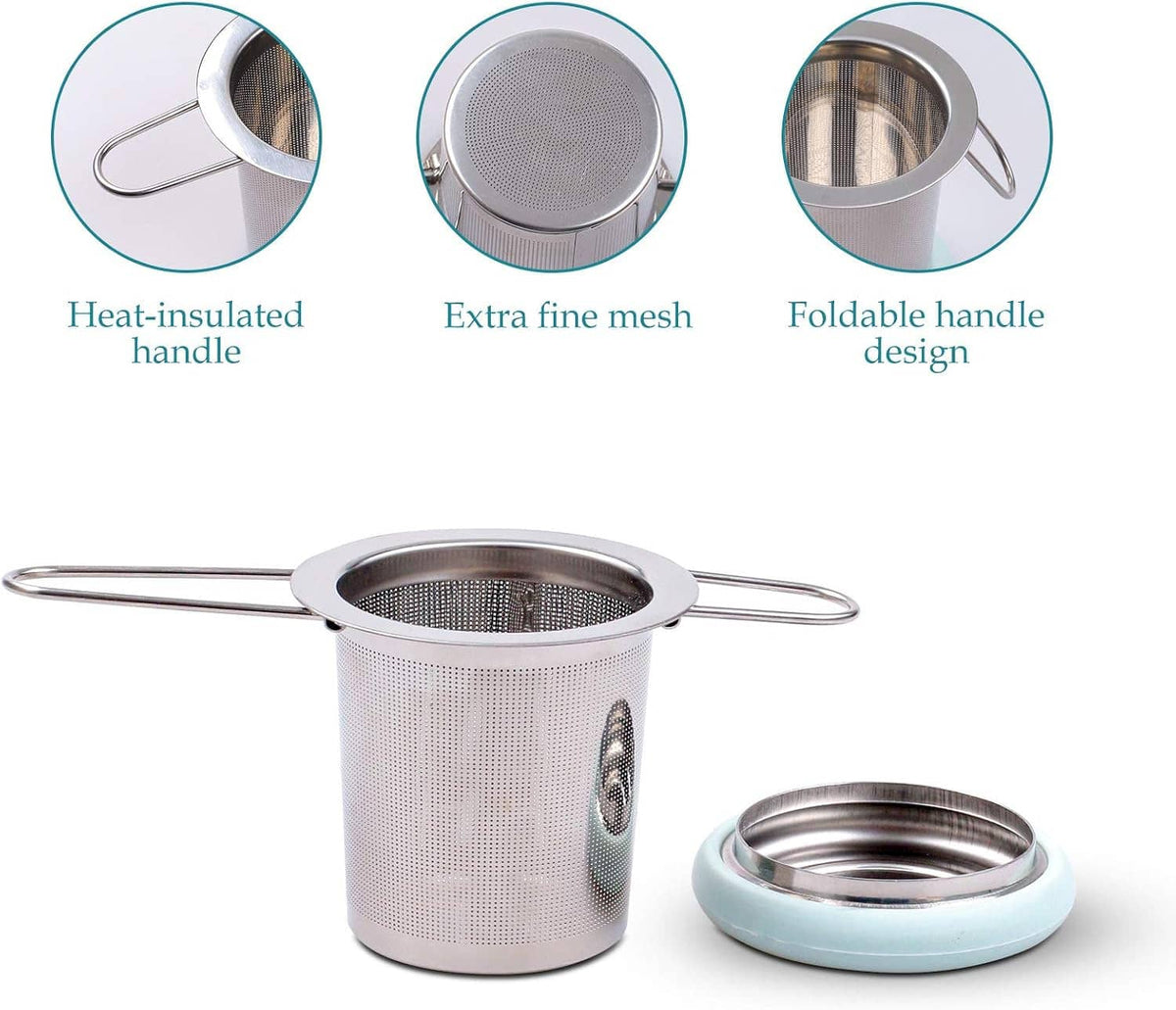 Extra-fine mesh tea strainer with folding handle and stainless basket, light blue rim