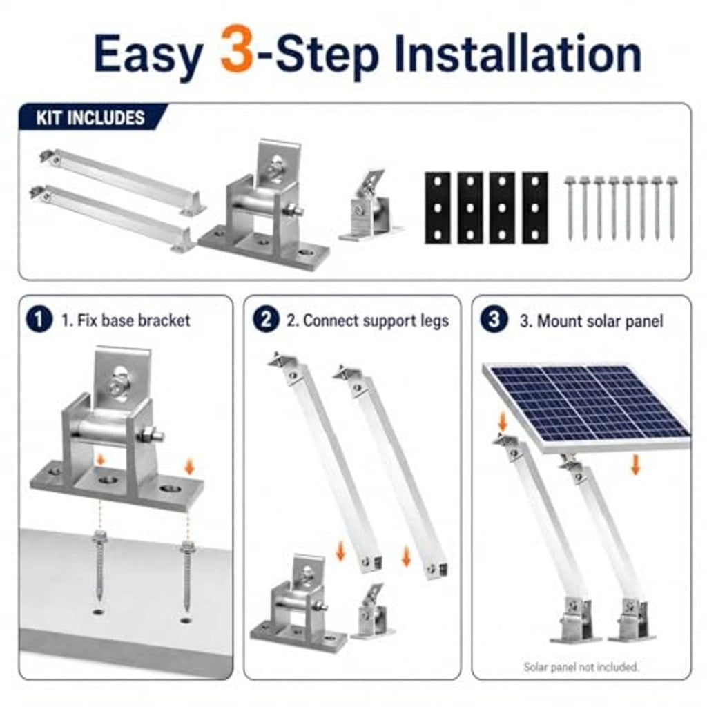 Solar panel tilt mounting kit components: rails, base clamps, black plates and screws