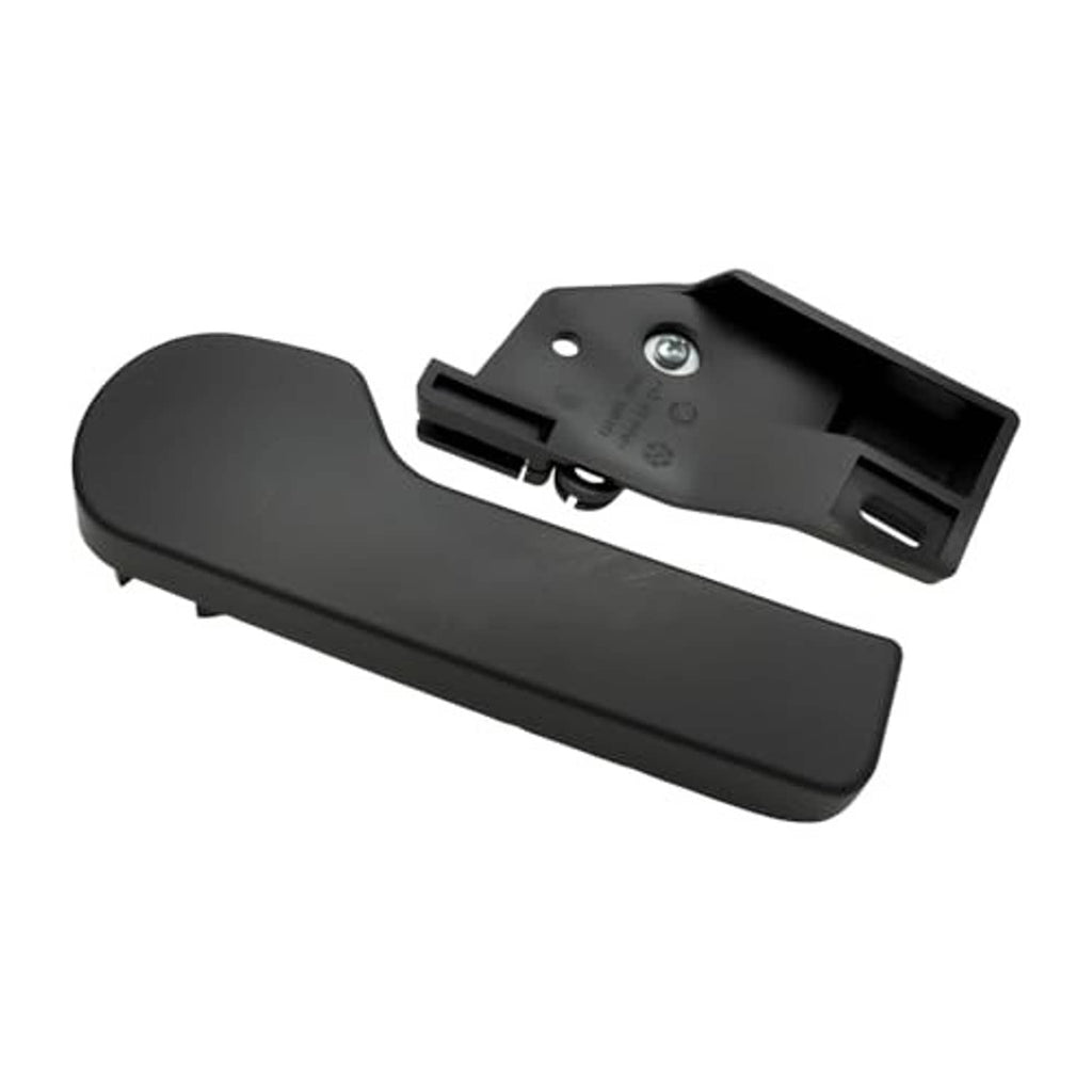 Black hood release handle with metal screw plate, underside view.