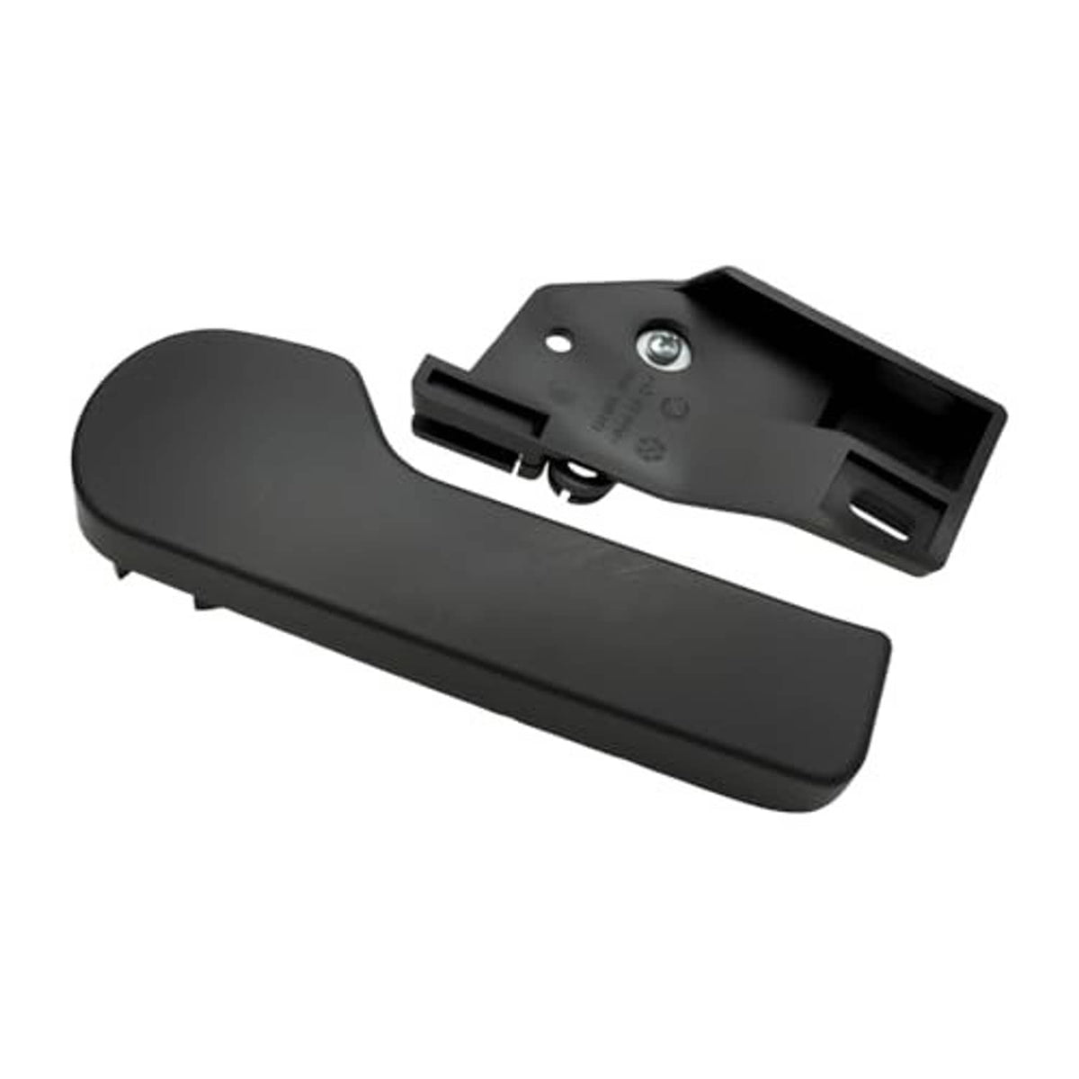 Black hood release handle with metal screw plate, underside view.