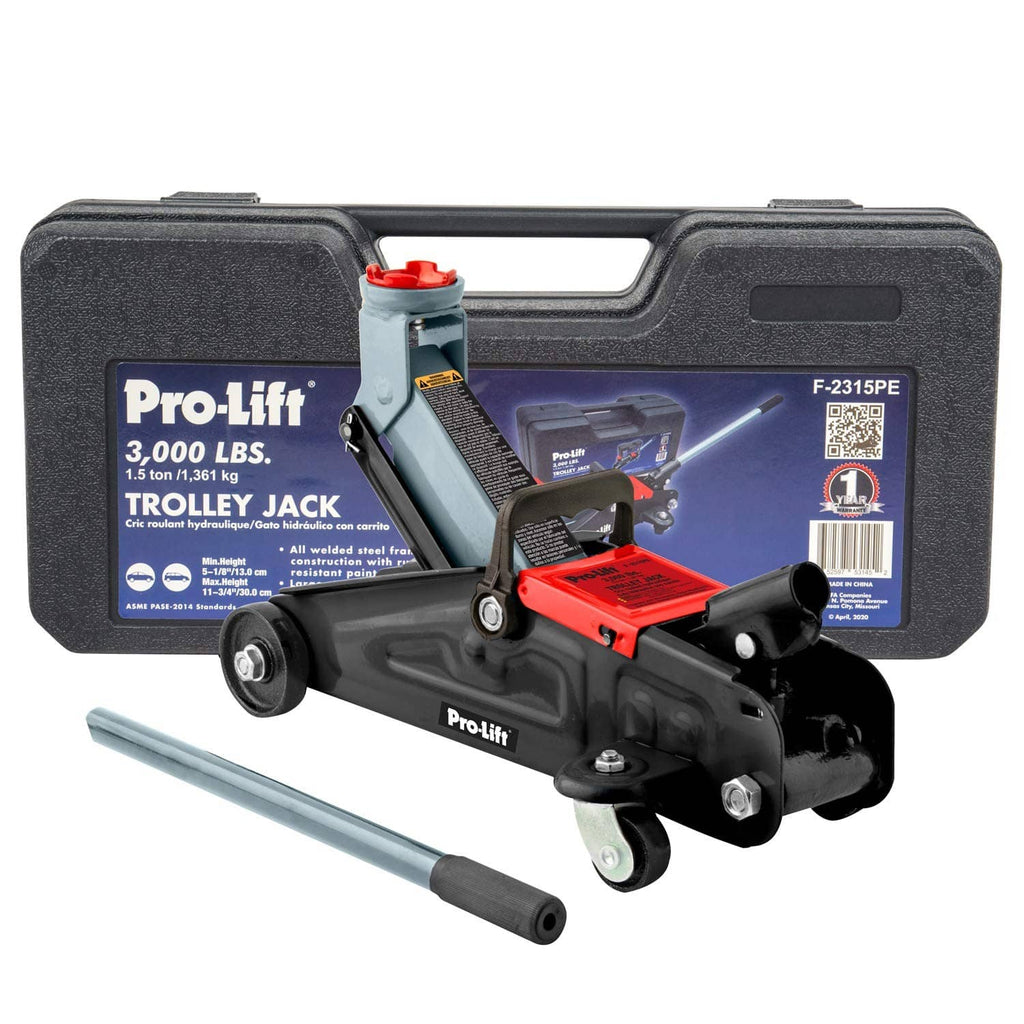 Hydraulic trolley car jack with black base, red saddle, and extended lifting handle