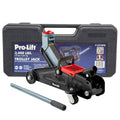 Hydraulic trolley car jack with black base, red saddle, and extended lifting handle