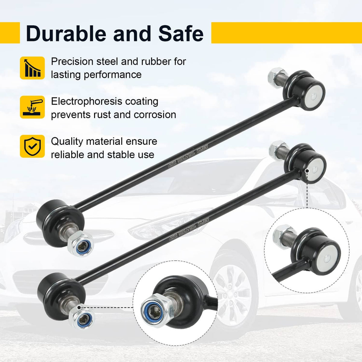 Pair of front sway bar end links with black rods, rubber bushings, and bolt hardware