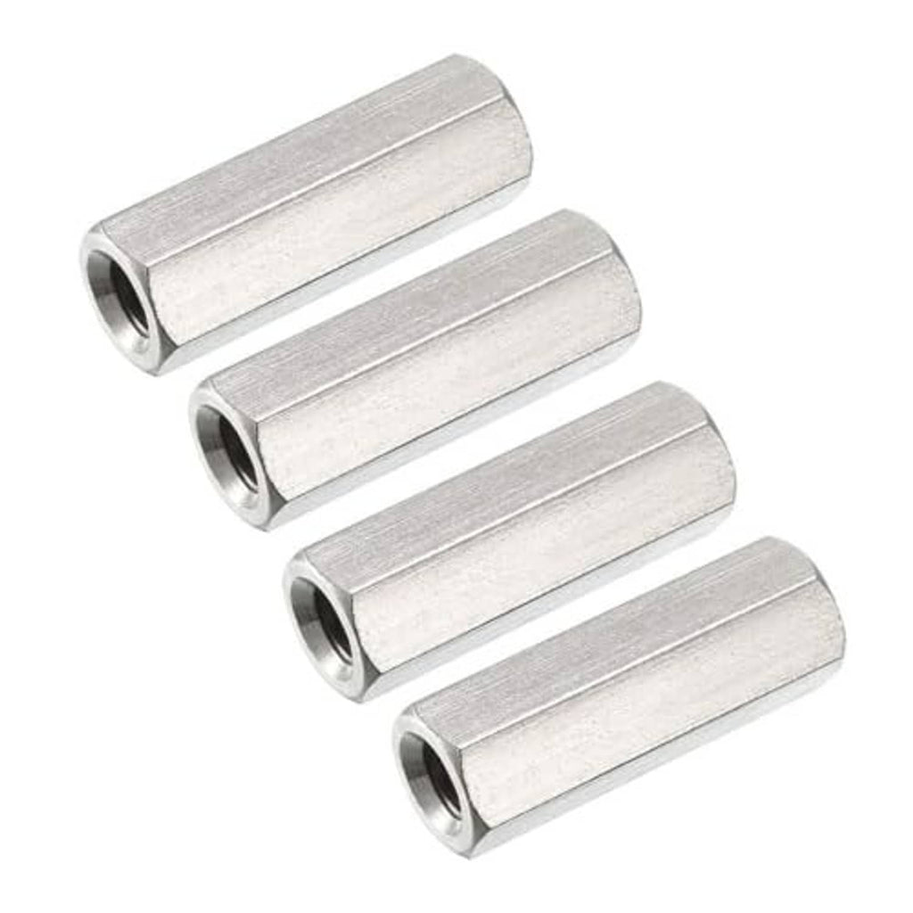 Four M10 stainless steel metric hex coupling nuts with internal threads, 30mm length