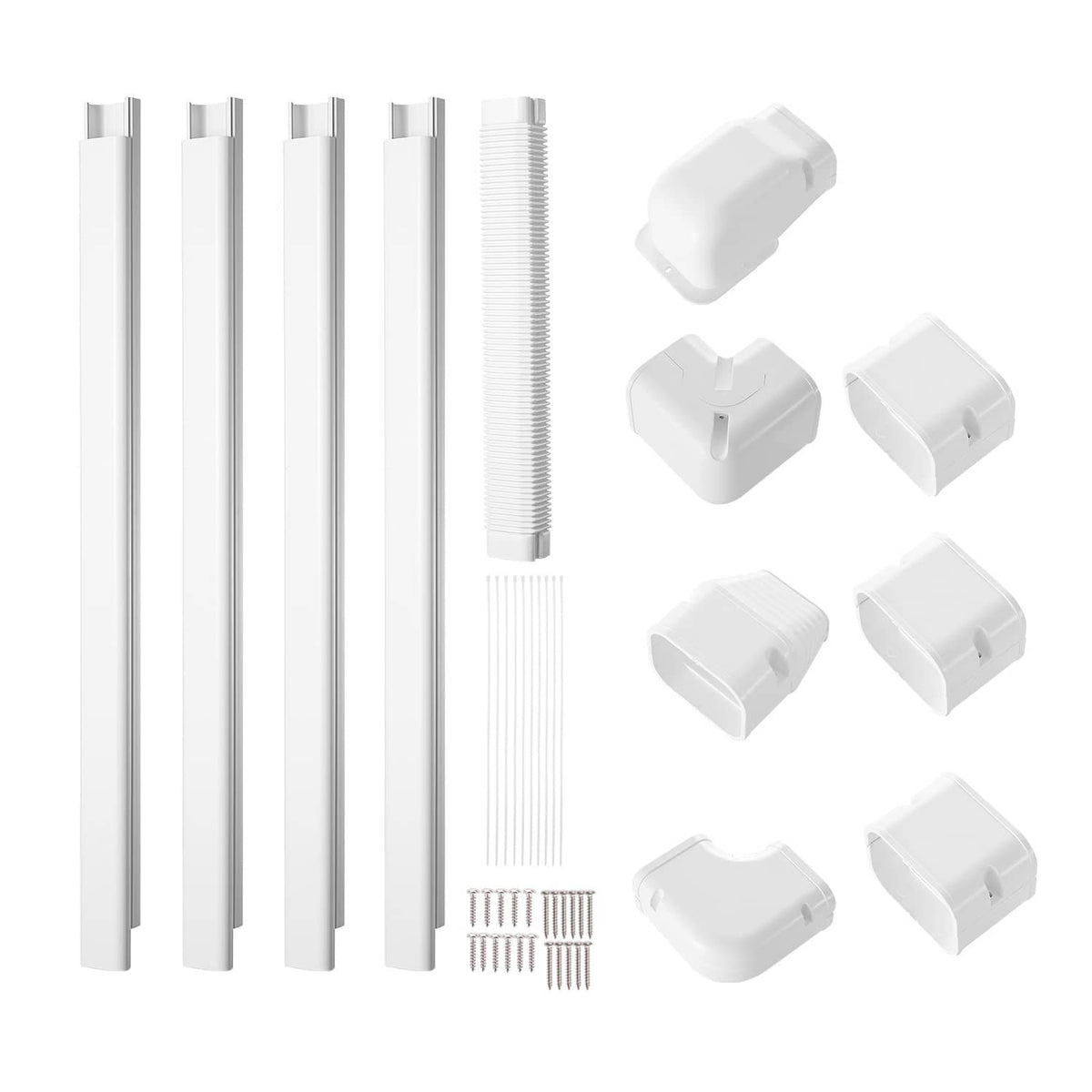 PVC line set cover kit with straight sleeves, corrugated section, and multiple elbow connectors