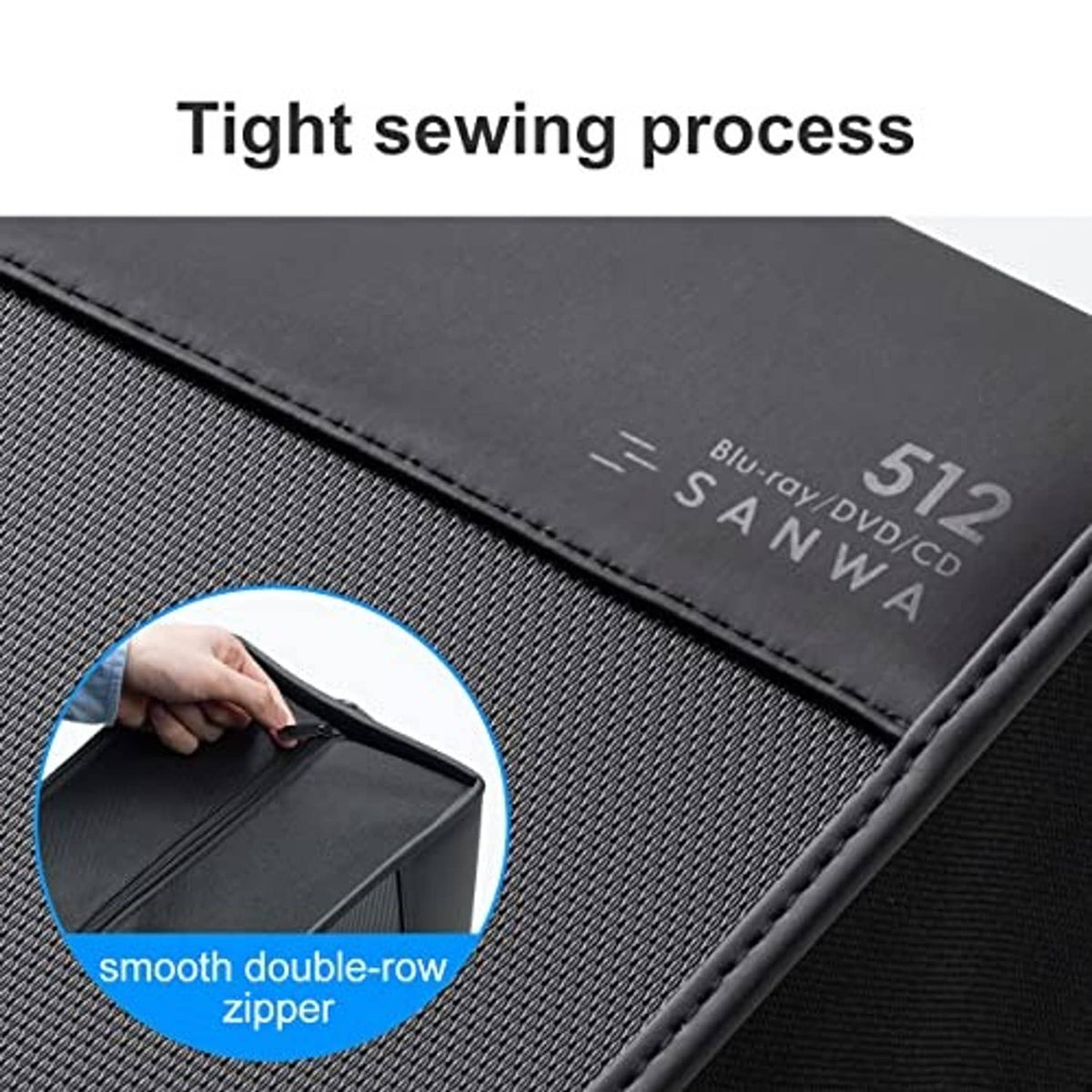 Black disc wallet with tight stitching and smooth double-row zipper, 512 marking