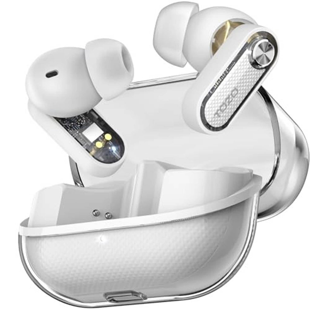 White wireless earbuds with charging case, front angled view showing both earbuds