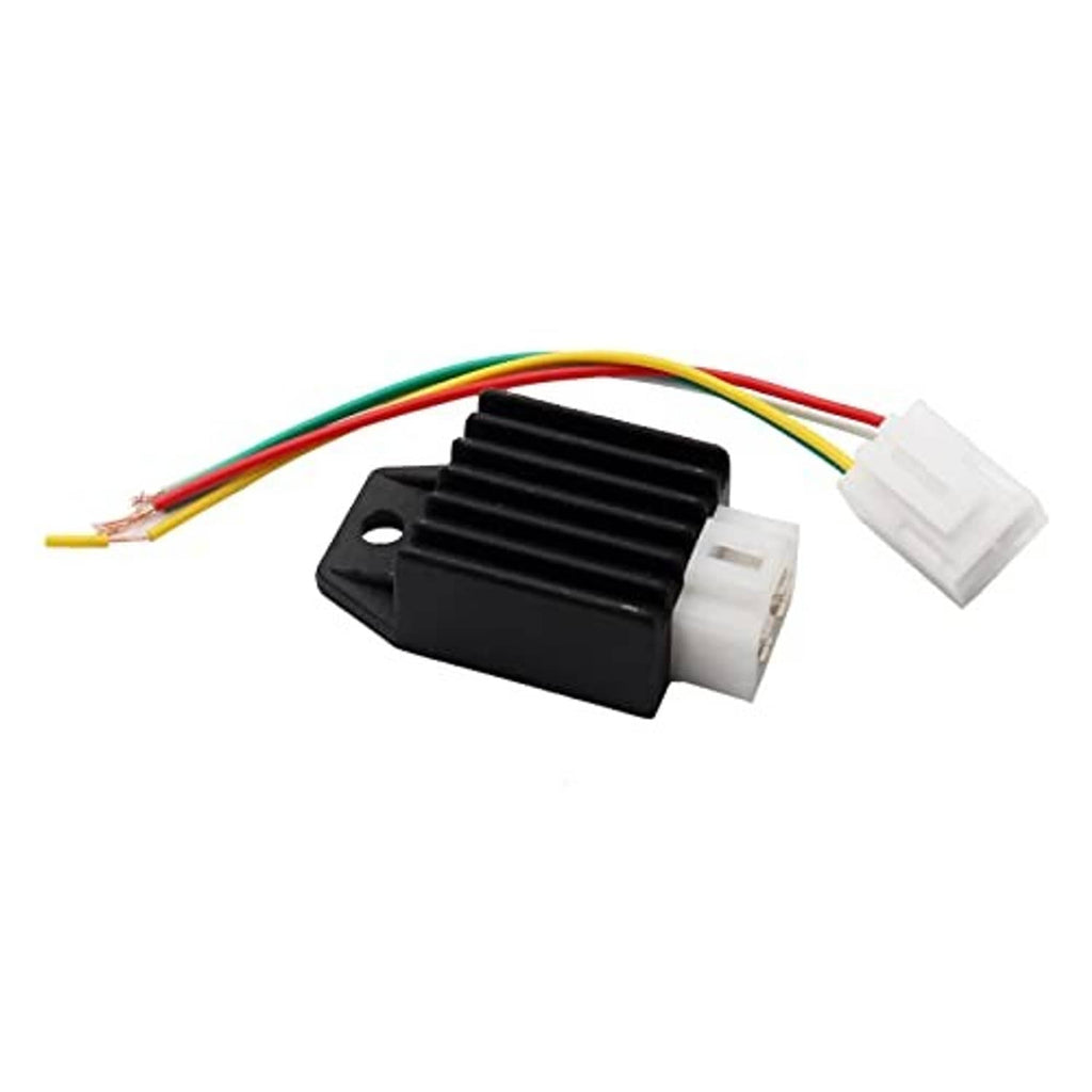Black voltage rectifier regulator module with finned heatsink and four-wire harness