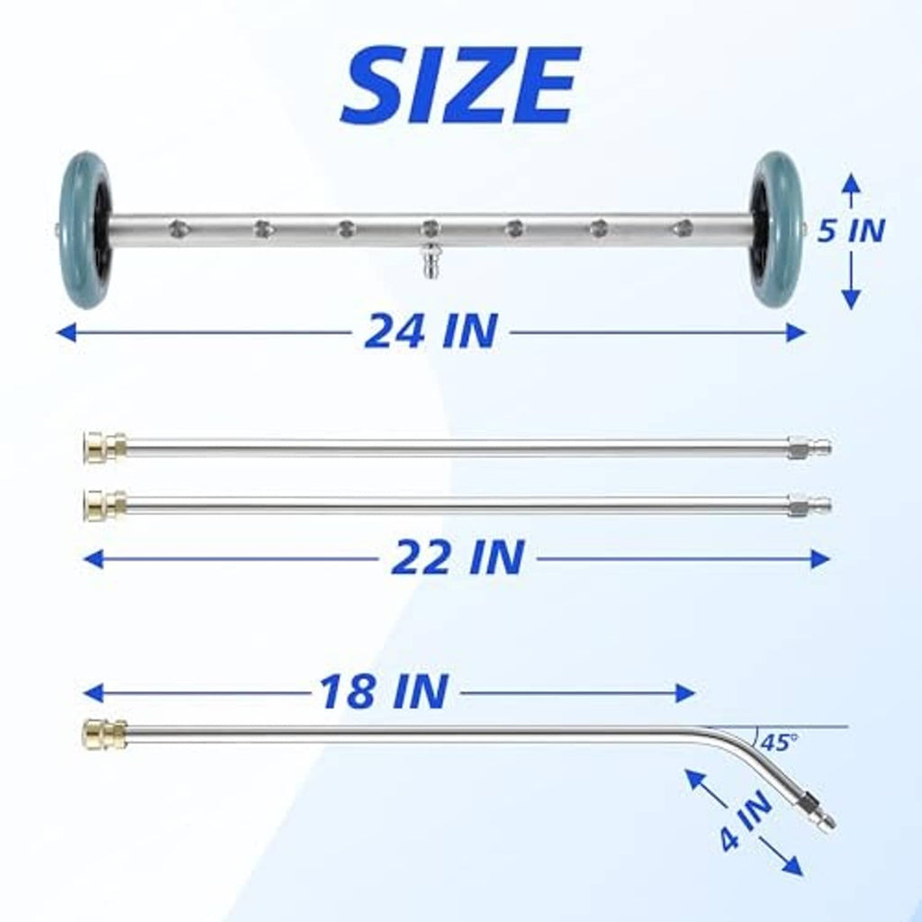 Undercarriage cleaner dimensions: 24 in wand with 22 in and 18 in extensions
