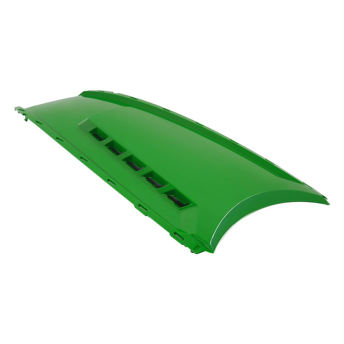 Green hood panel with rectangular vent cutouts and side attachment points