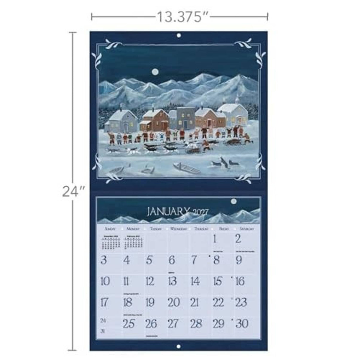 LANG Folk Art 2027 wall calendar size view: snowy village artwork, January 2027 grid
