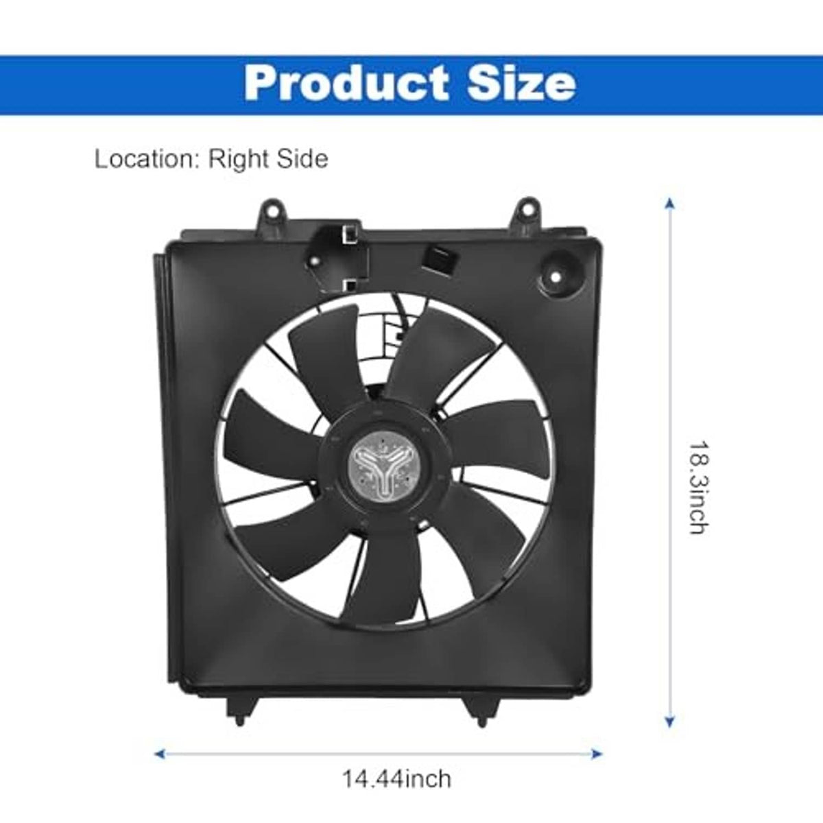 Engine radiator cooling fan assembly for right side mounting, black shroud with 8-blade fan