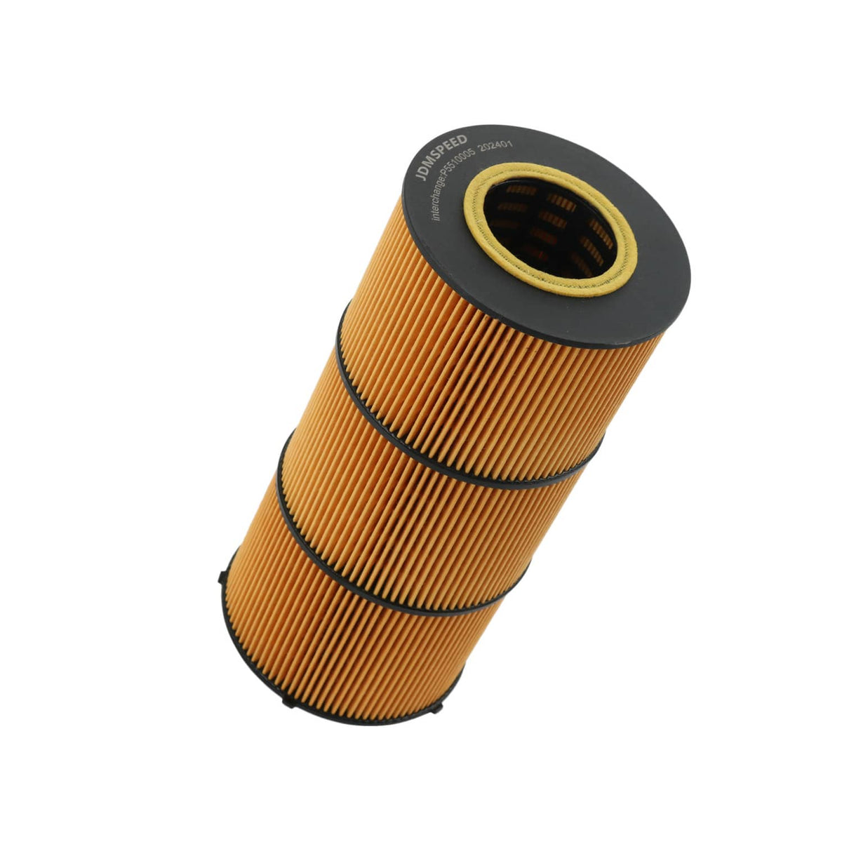 Fuel filter cartridge angled view with orange pleated media and black top plate