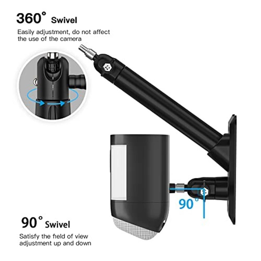 Black bracket showing 360-degree swivel joint for camera angle adjustment