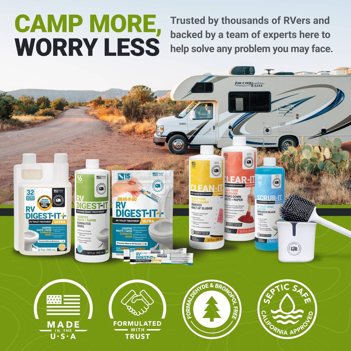 Multiple RV holding tank treatment bottles with green labels and a small dosing cup