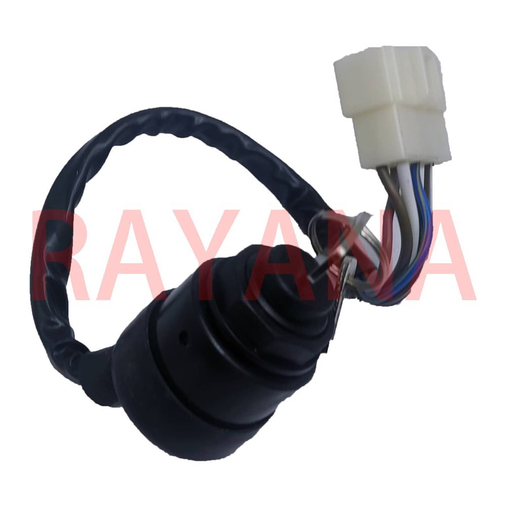 Ignition key switch with black housing, looped wiring, and white multi-pin connector plug