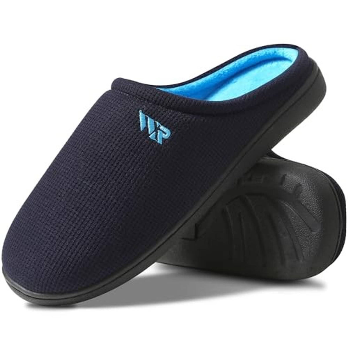 Navy knit upper slip-on slippers with bright blue inner lining and molded rubber sole