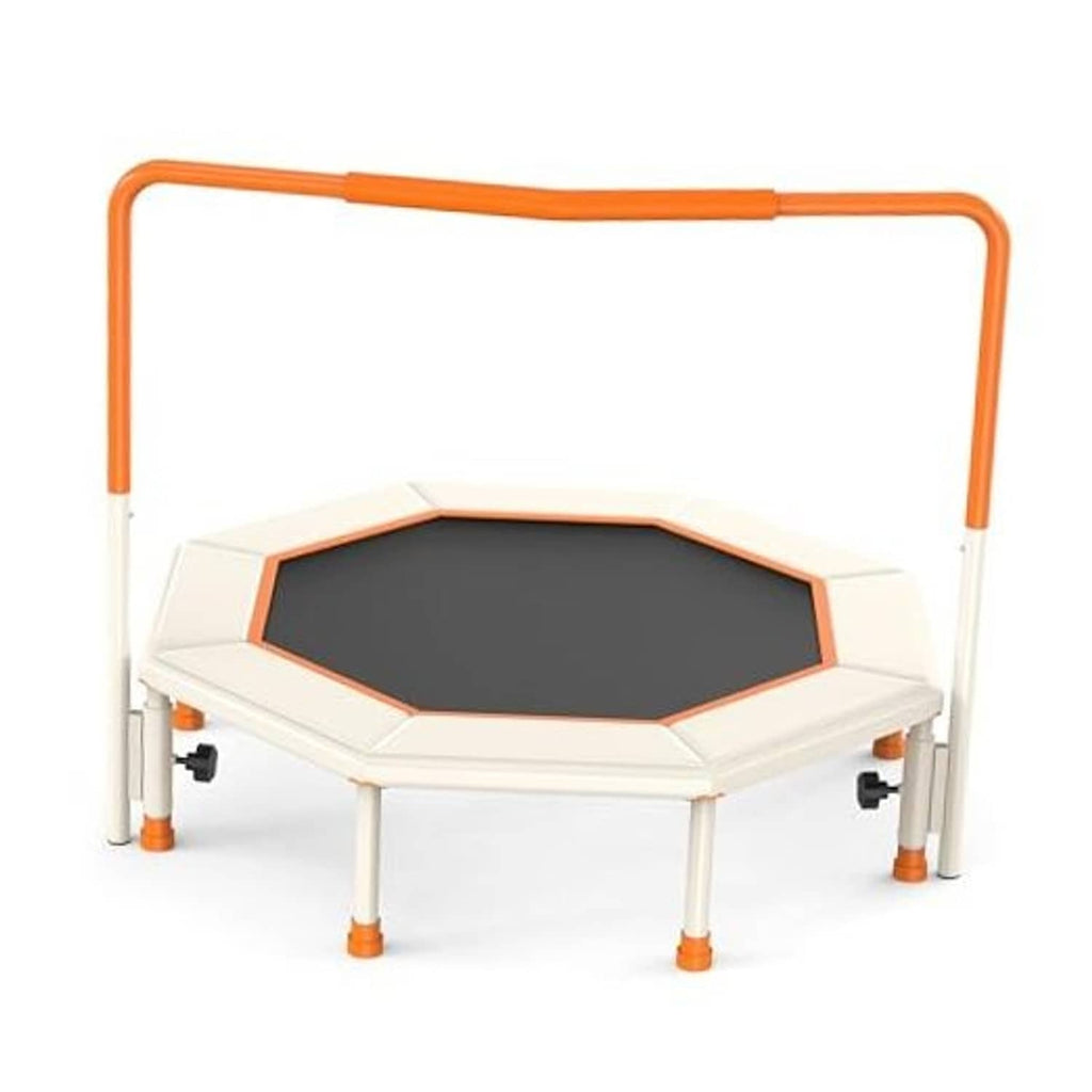 Orange mini trampoline with padded safety frame and black octagon bounce mat