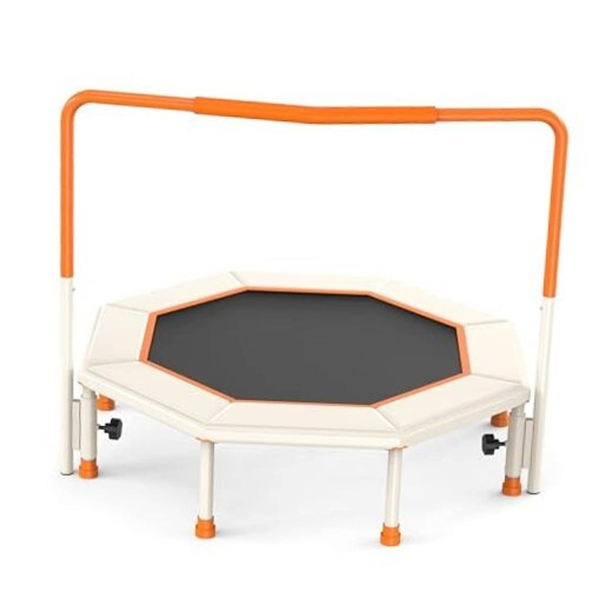 Orange mini trampoline with padded safety frame and black octagon bounce mat