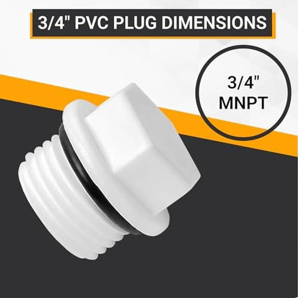 White PVC male threaded plug with black gasket, 3/4 in MNPT