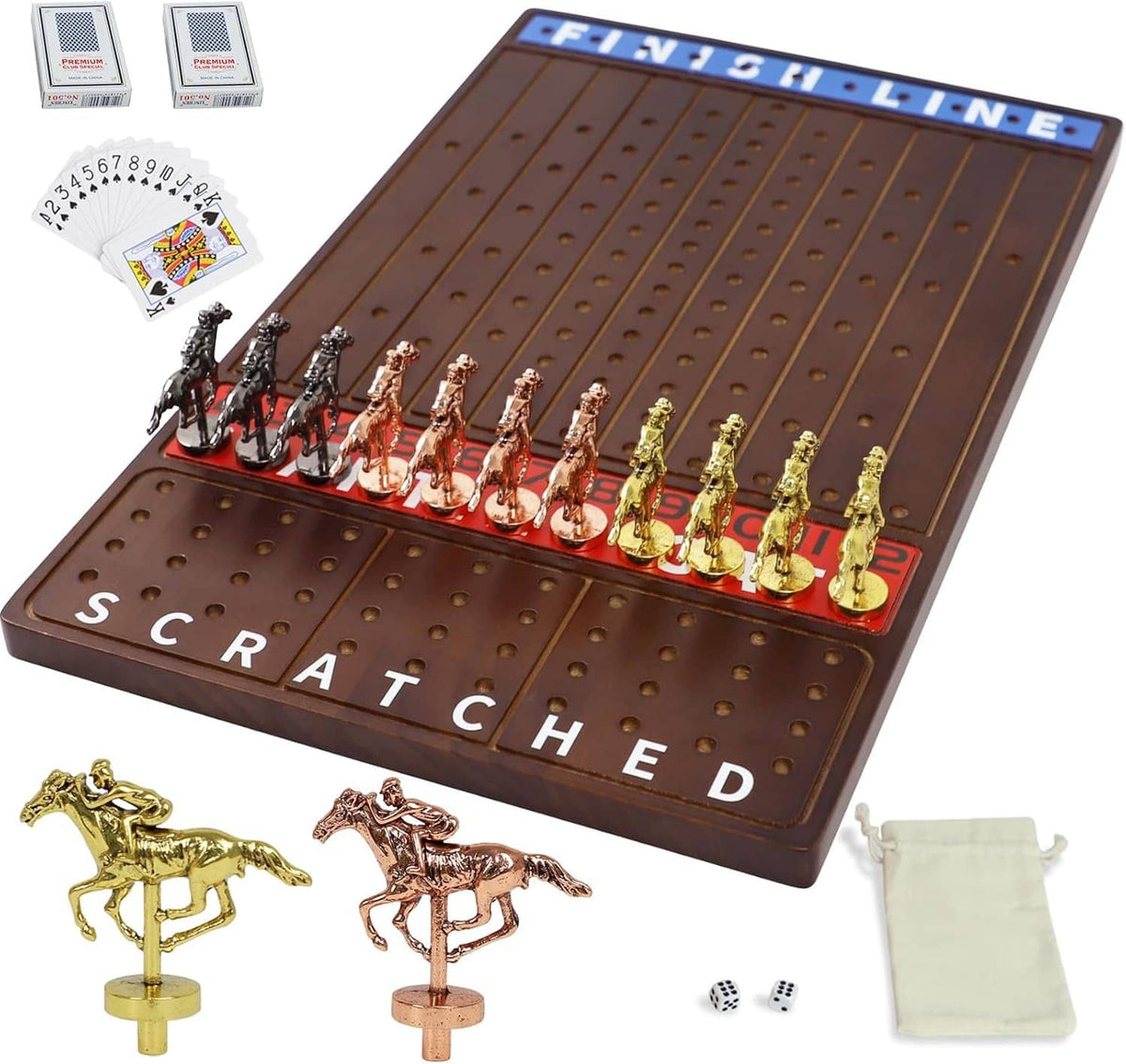 Dark brown horse racing board with rows of metal horses and finish lane markings