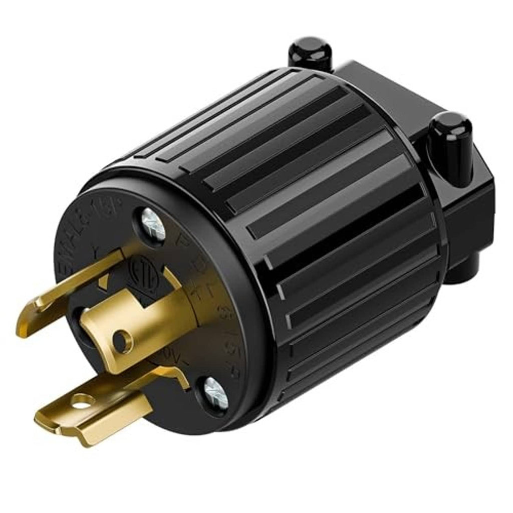 Black twist-lock male plug with gold prongs, circular housing and locking tabs.