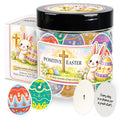 Positive Easter scripture jar with colorful bunny design and black lid