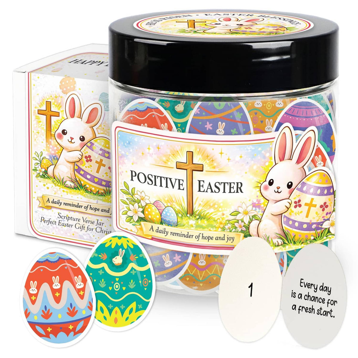 Positive Easter scripture jar with colorful bunny design and black lid