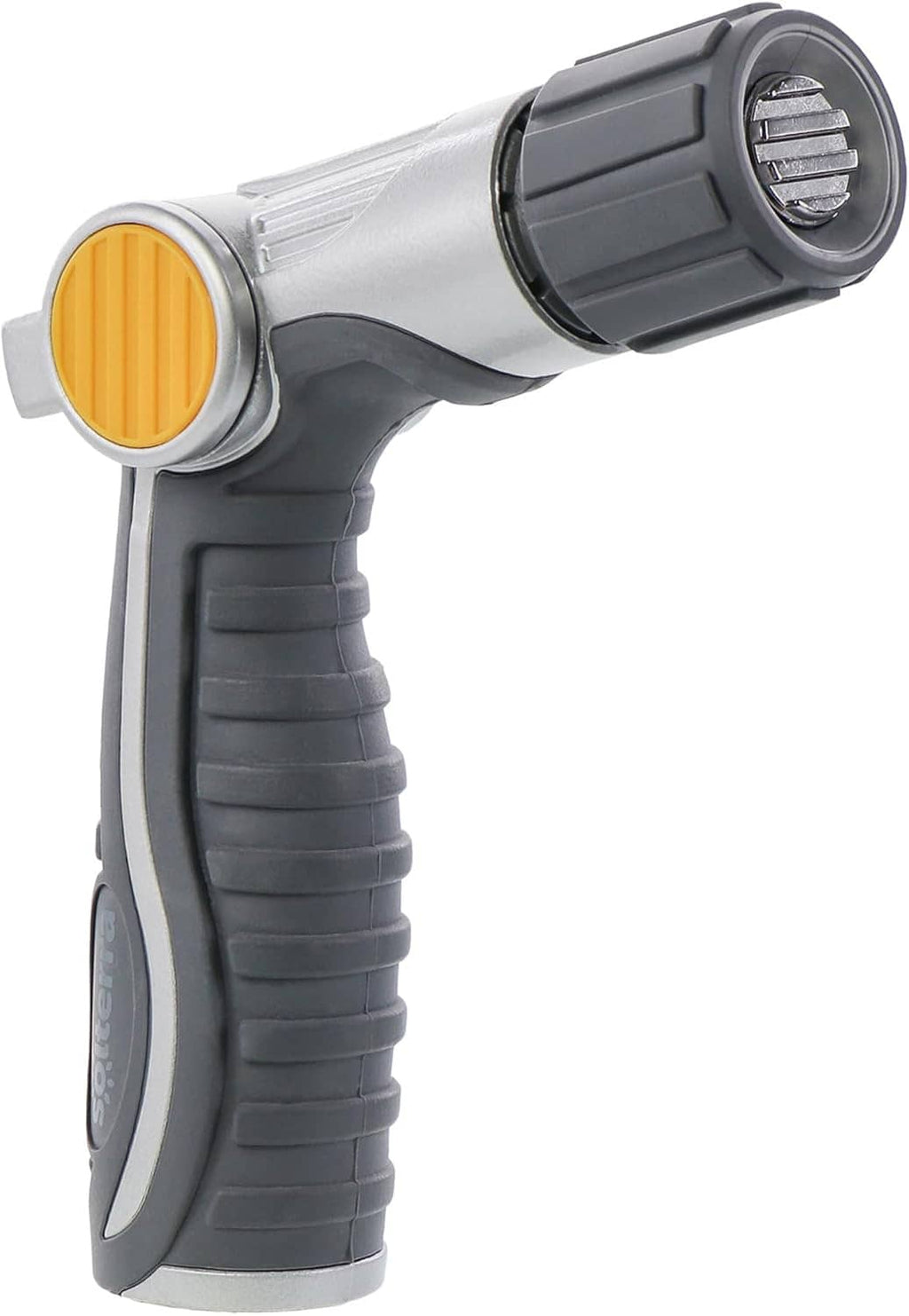 Adjustable garden hose nozzle with thumb control dial, yellow spray outlet ring