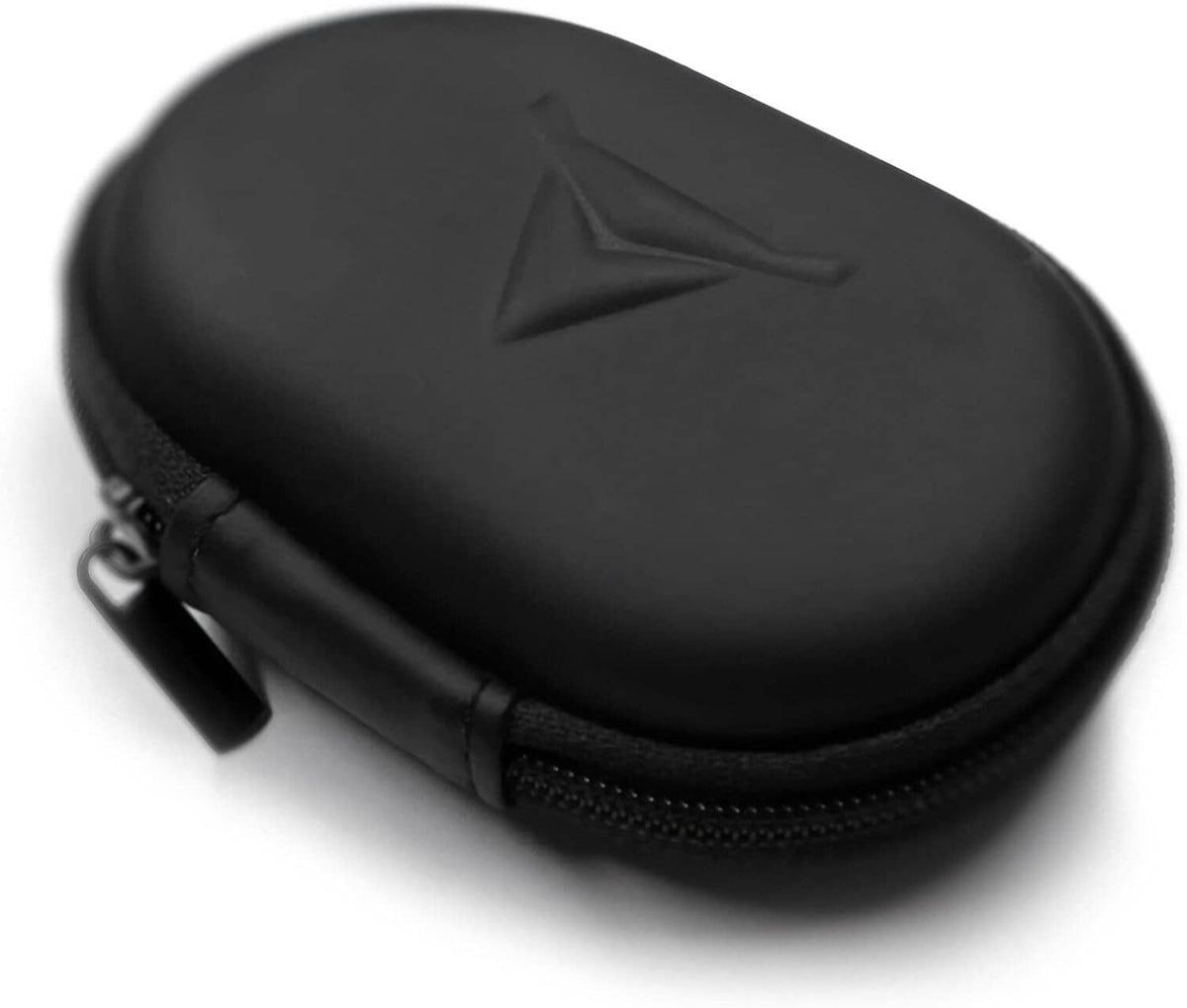 Black zippered earplug case with embossed logo and hook loop