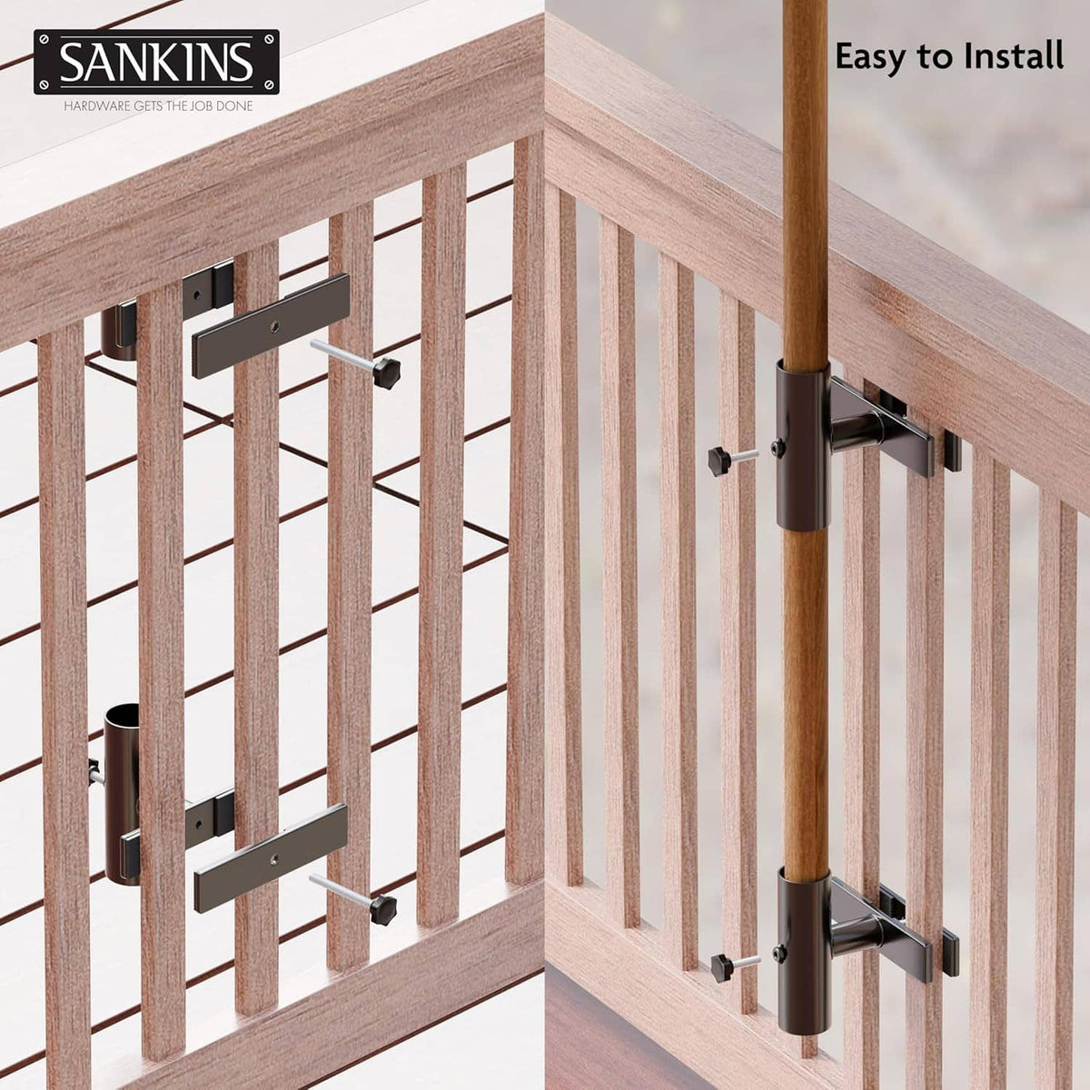 Black umbrella holder clamp attached to corner wood railing with pole socket.
