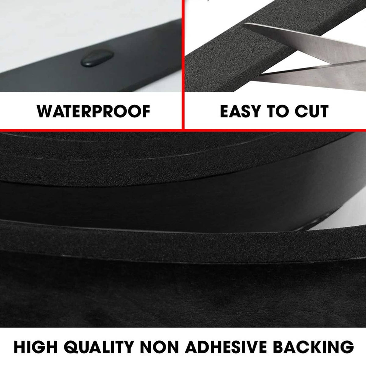 Black neoprene foam weatherstripping strip along an edge