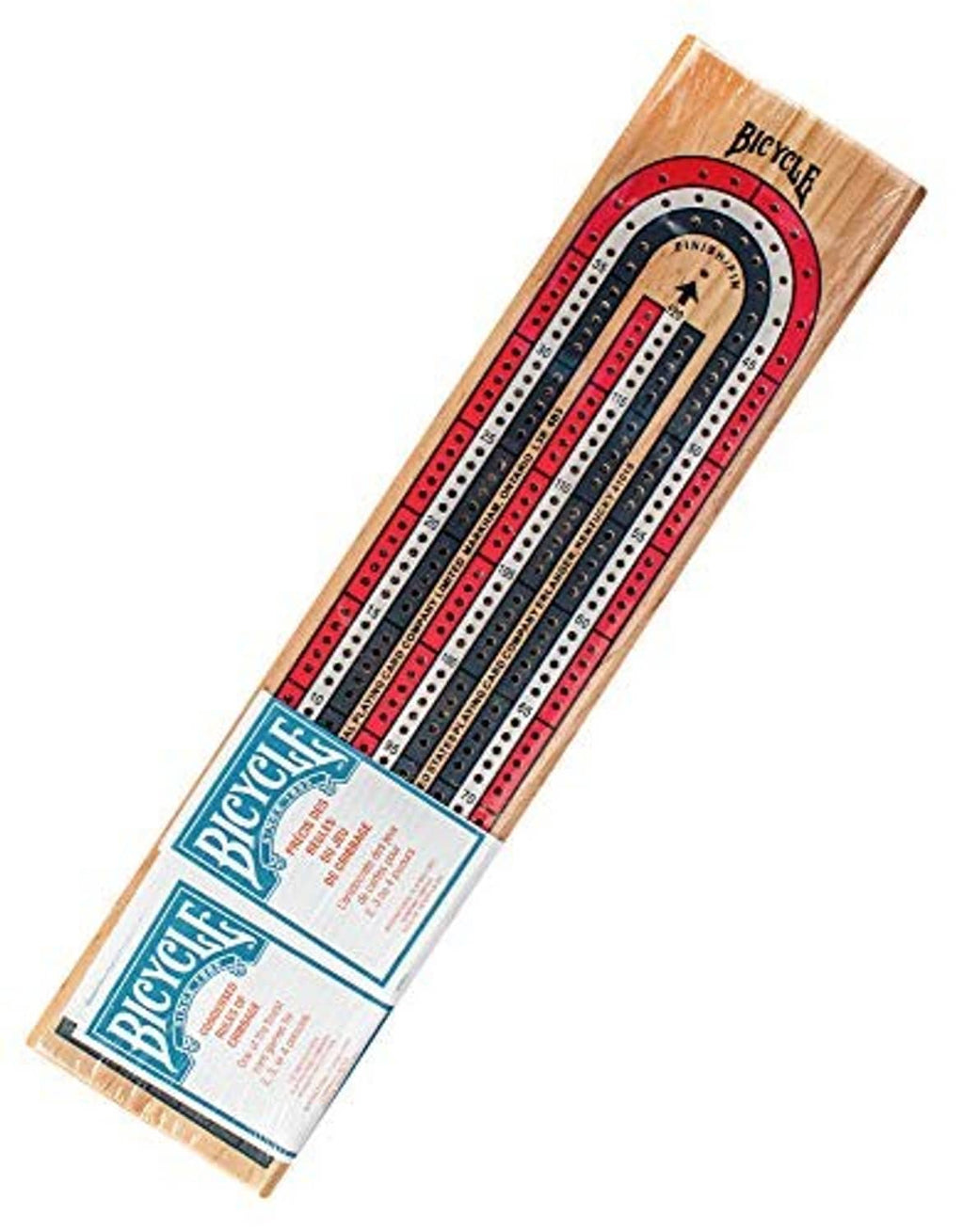 Wooden 3-track cribbage board with colorful lanes and Bicycle logo on end